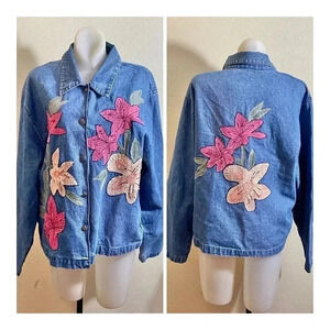 Carols Denims Size L Embellished Blue Jean Jacket Blazer Button Front W/Pockets